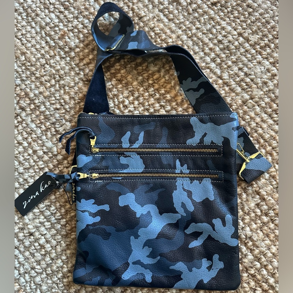 Blue leather camo cross body, 9.5x9 in